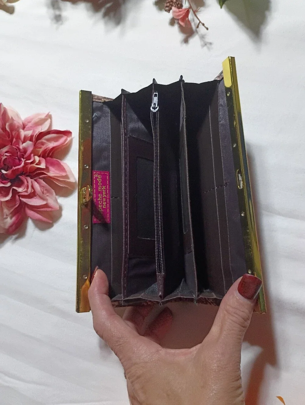 Purple Snake-Embossed Long Wallet with Gold Trim